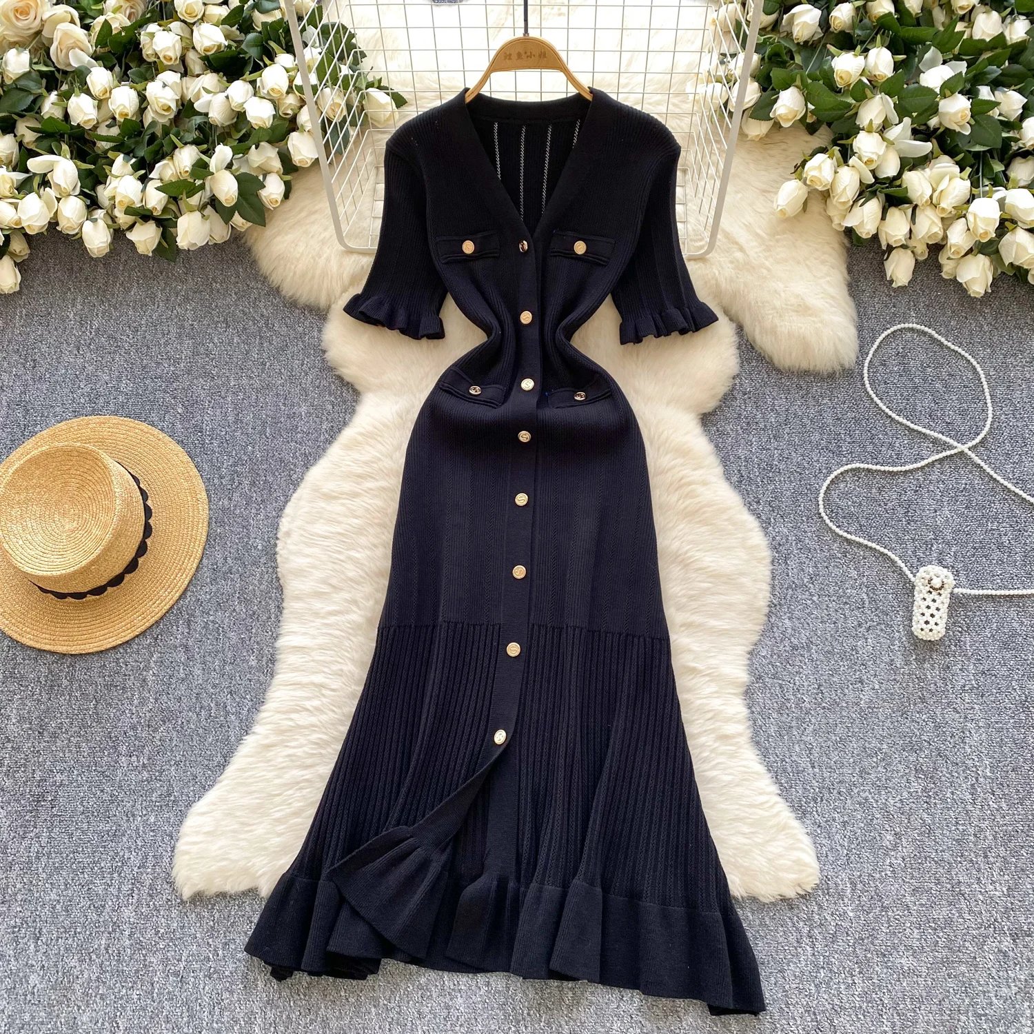 SINGREINY Summer OL Knit Dress 2025 Women V Neck Button Design Slim Mermaid Sundress Fashion Elastic Solid Bohemian Long Dress