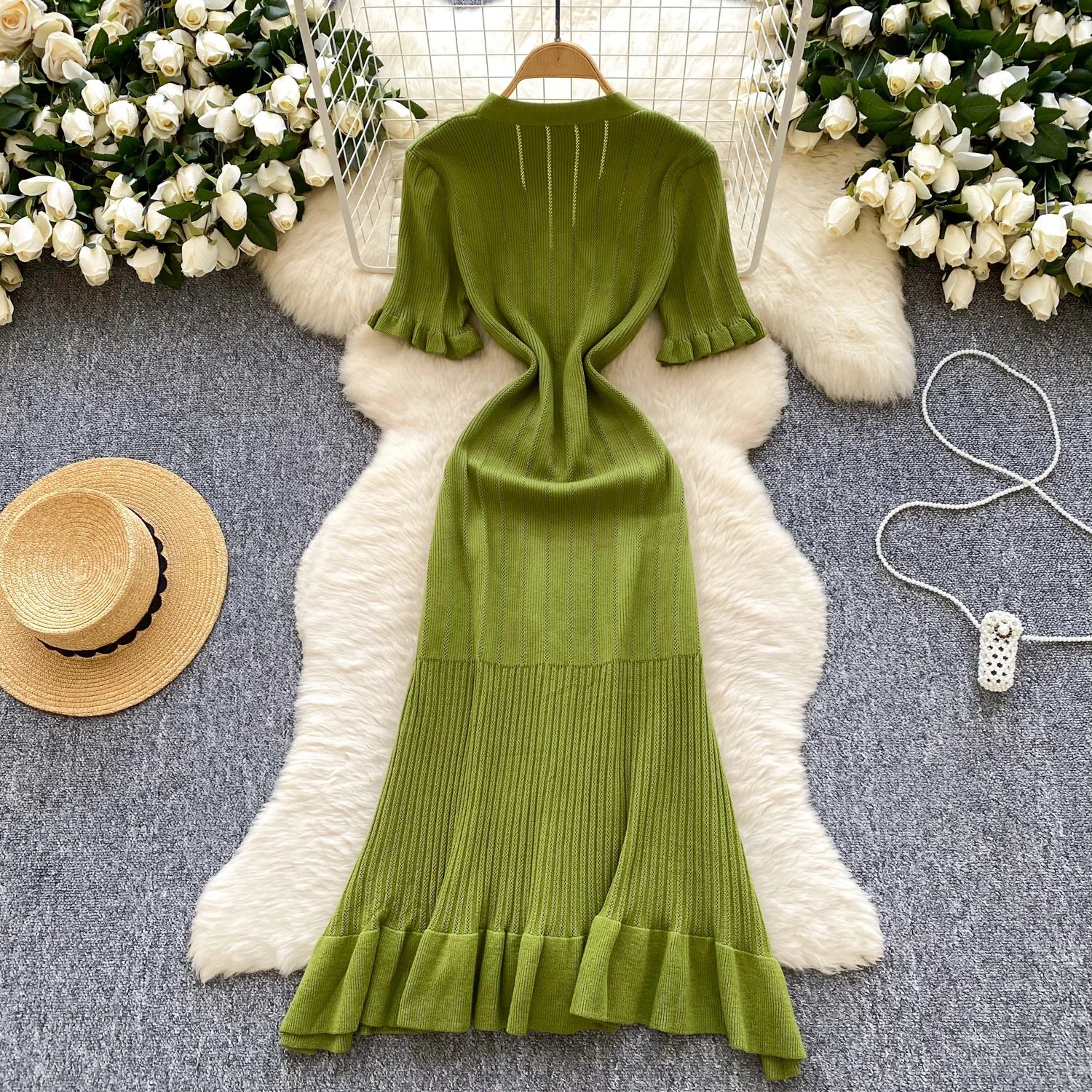 SINGREINY Summer OL Knit Dress 2025 Women V Neck Button Design Slim Mermaid Sundress Fashion Elastic Solid Bohemian Long Dress