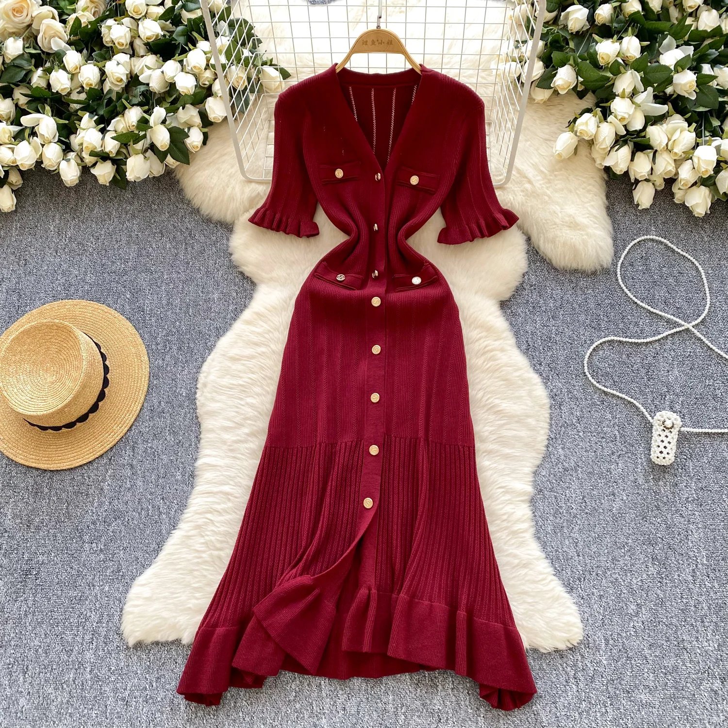 SINGREINY Summer OL Knit Dress 2025 Women V Neck Button Design Slim Mermaid Sundress Fashion Elastic Solid Bohemian Long Dress