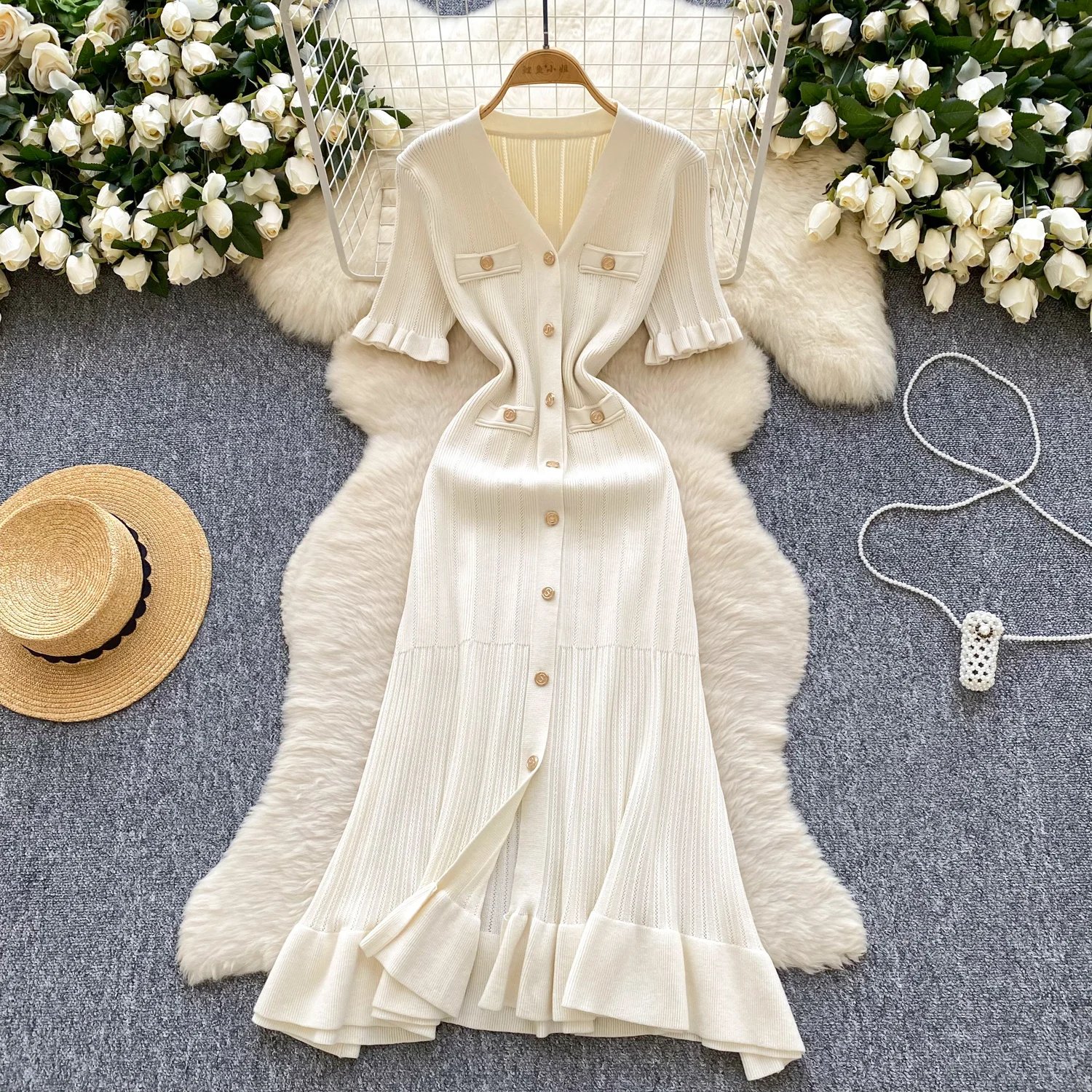 SINGREINY Summer OL Knit Dress 2025 Women V Neck Button Design Slim Mermaid Sundress Fashion Elastic Solid Bohemian Long Dress