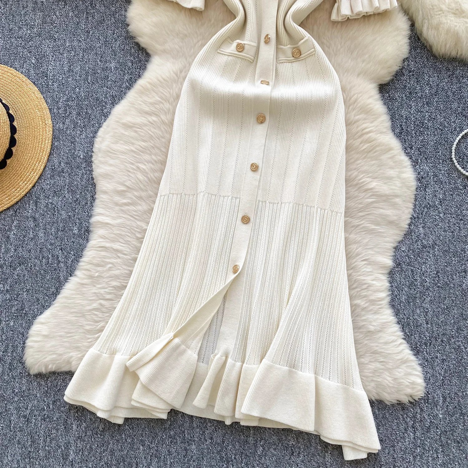 SINGREINY Summer OL Knit Dress 2025 Women V Neck Button Design Slim Mermaid Sundress Fashion Elastic Solid Bohemian Long Dress