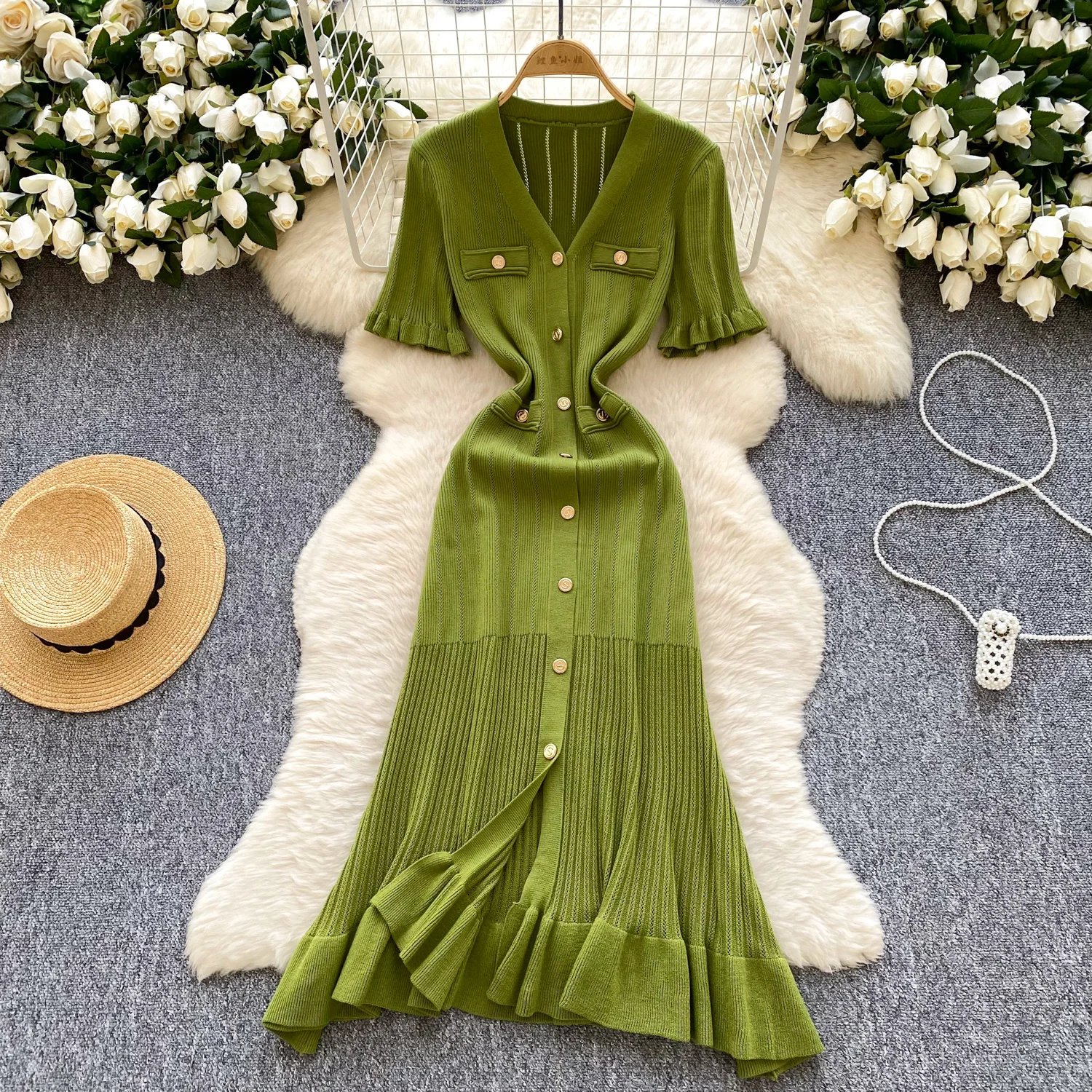 SINGREINY Summer OL Knit Dress 2025 Women V Neck Button Design Slim Mermaid Sundress Fashion Elastic Solid Bohemian Long Dress