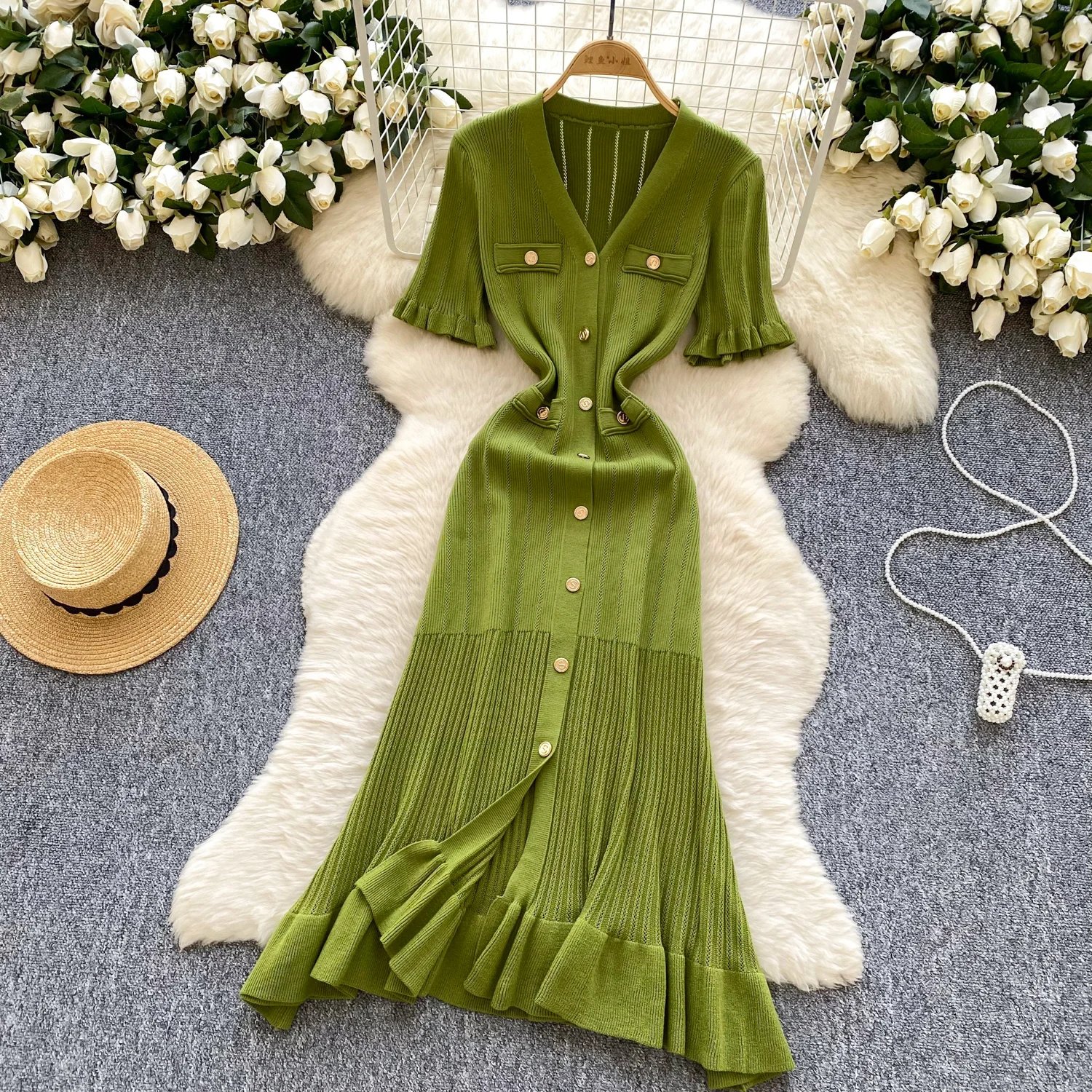 SINGREINY Summer OL Knit Dress 2025 Women V Neck Button Design Slim Mermaid Sundress Fashion Elastic Solid Bohemian Long Dress
