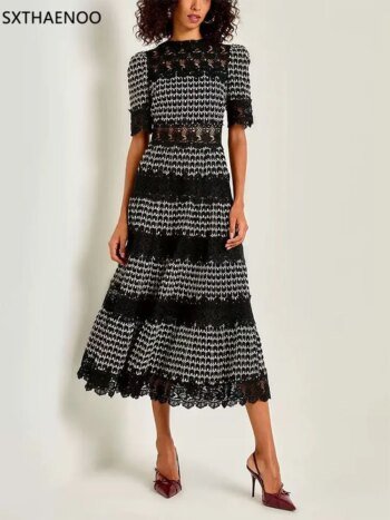 SXTHAENOO Vintage Printed Dress Women Stand Collar Short Sleeve High Waist Spliced Lace Long Dresses Female Fashion Clothes 2025