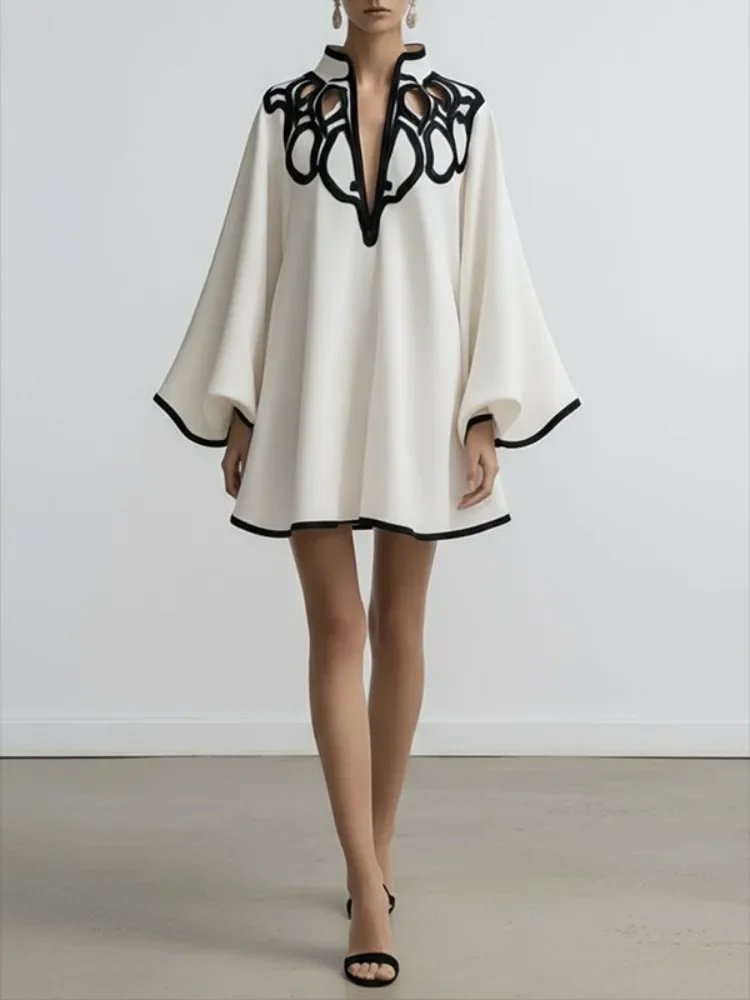 2026 New Hollowed V-neck Mini Dress for Women Flared Sleeves Pleated Dress Spring Stylish Contrast Trims Elegant Party Dress