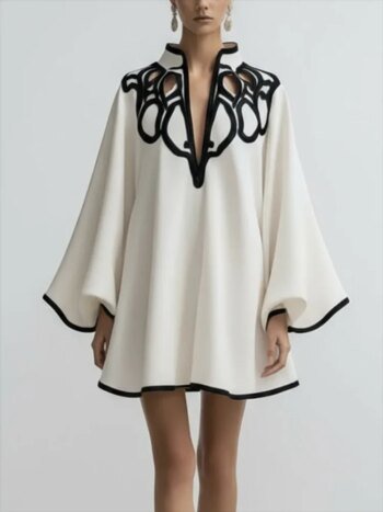 2026 New Hollowed V-neck Mini Dress for Women Flared Sleeves Pleated Dress Spring Stylish Contrast Trims Elegant Party Dress