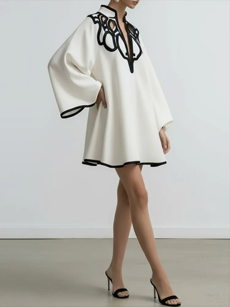 2026 New Hollowed V-neck Mini Dress for Women Flared Sleeves Pleated Dress Spring Stylish Contrast Trims Elegant Party Dress