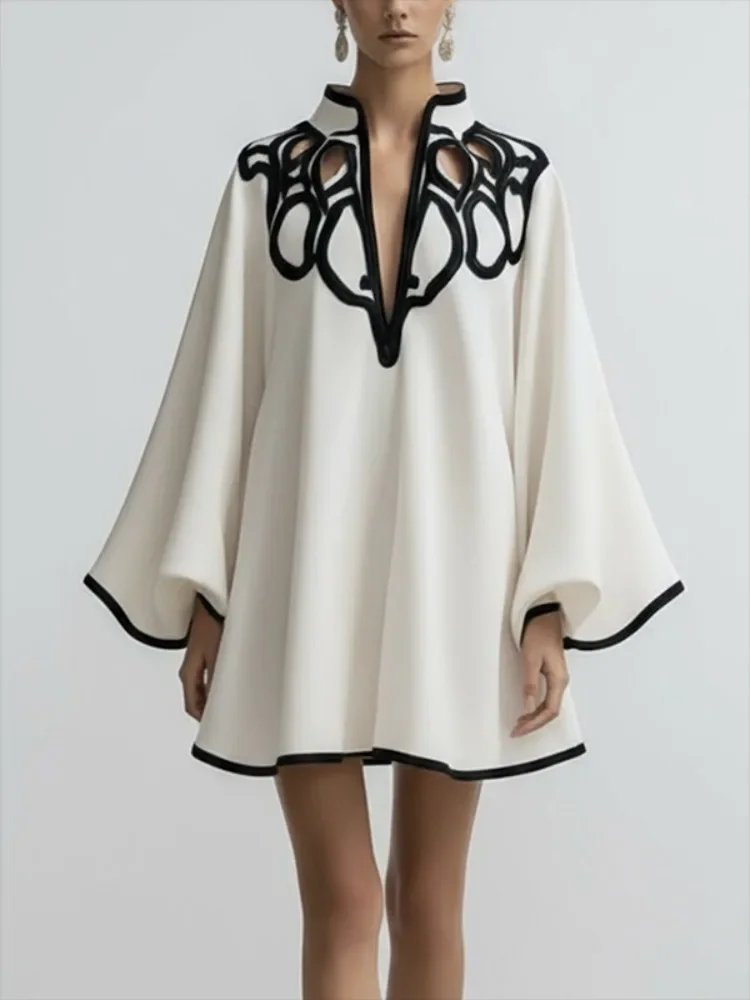 2026 New Hollowed V-neck Mini Dress for Women Flared Sleeves Pleated Dress Spring Stylish Contrast Trims Elegant Party Dress