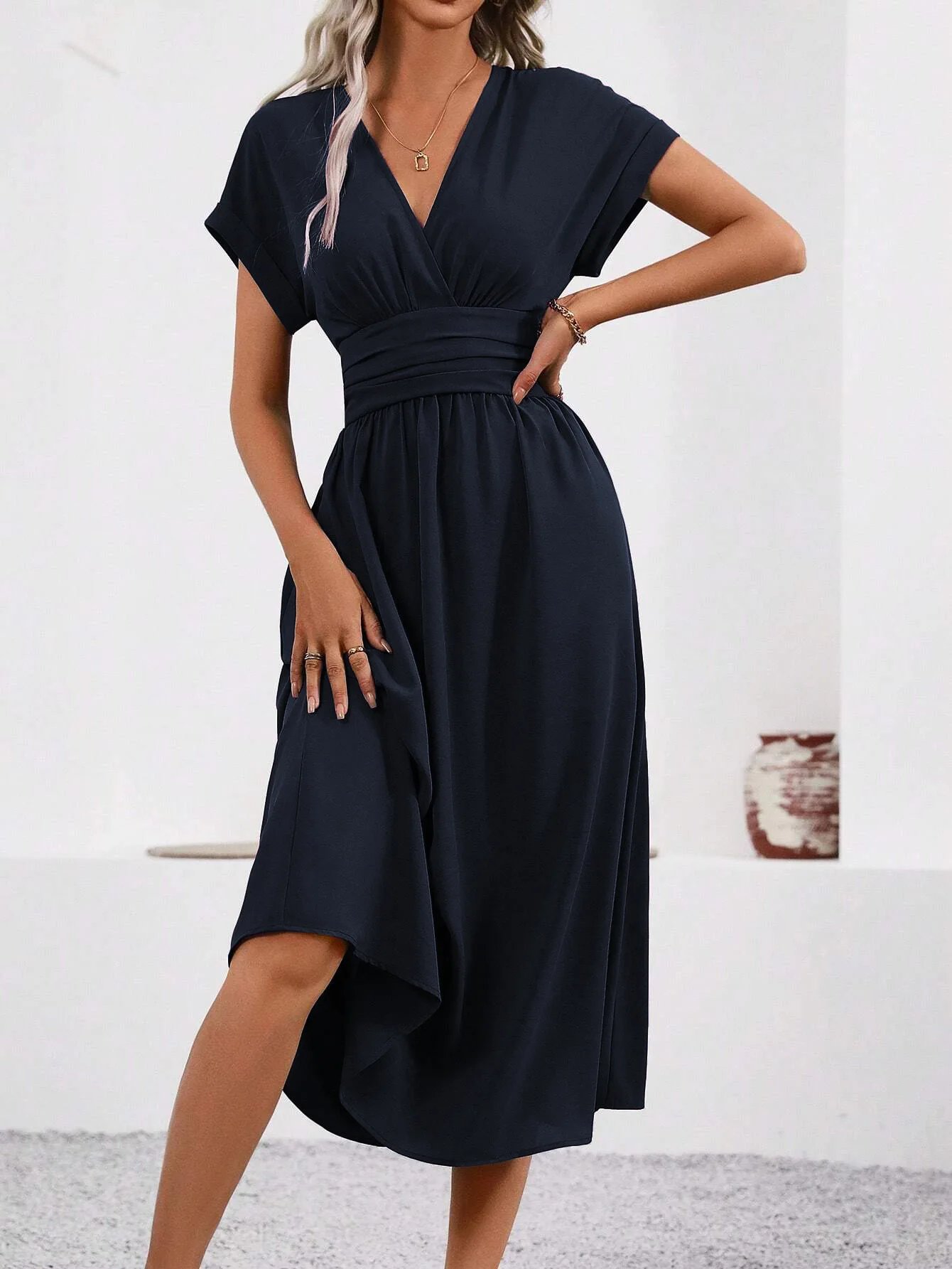Dresses 2025 Woman Summer Solid-Color V-Neck Batwing-Sleeve Pleated Long Elegant Dress Woman Clothing Tops Skirts Y2k Clothes