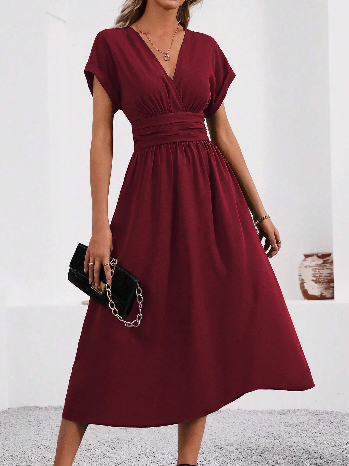 Dresses 2025 Woman Summer Solid-Color V-Neck Batwing-Sleeve Pleated Long Elegant Dress Woman Clothing Tops Skirts Y2k Clothes