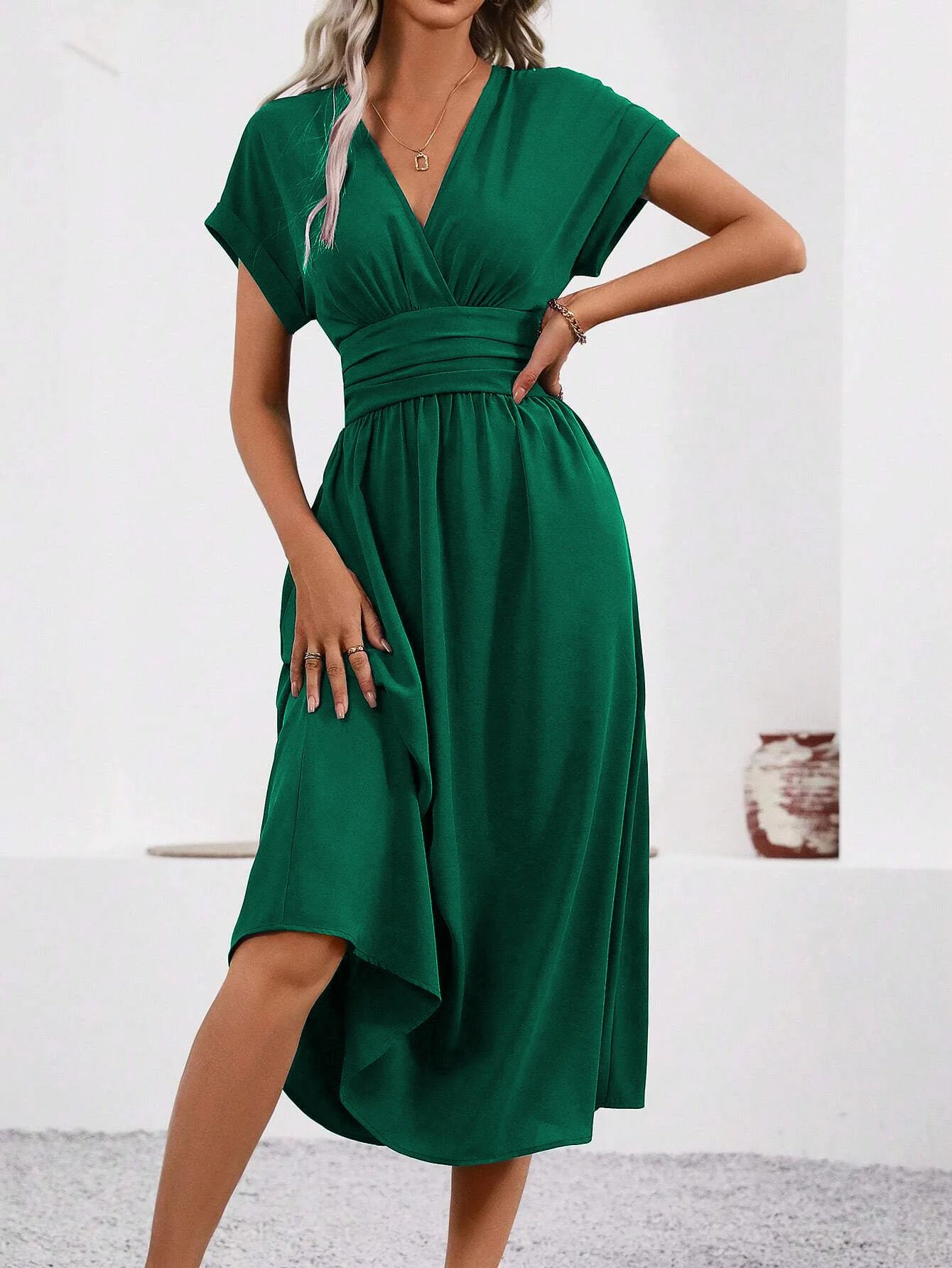 Dresses 2025 Woman Summer Solid-Color V-Neck Batwing-Sleeve Pleated Long Elegant Dress Woman Clothing Tops Skirts Y2k Clothes