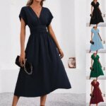 Dresses 2025 Woman Summer Solid-Color V-Neck Batwing-Sleeve Pleated Long Elegant Dress Woman Clothing Tops Skirts Y2k Clothes