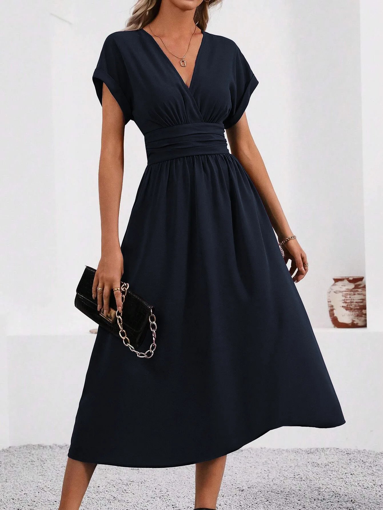 Dresses 2025 Woman Summer Solid-Color V-Neck Batwing-Sleeve Pleated Long Elegant Dress Woman Clothing Tops Skirts Y2k Clothes