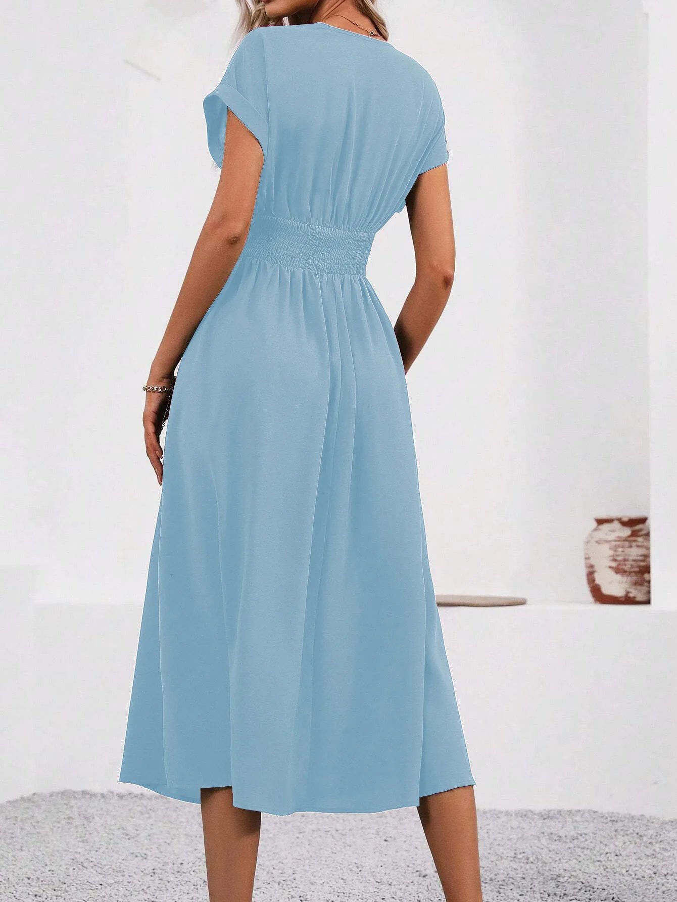 Dresses 2025 Woman Summer Solid-Color V-Neck Batwing-Sleeve Pleated Long Elegant Dress Woman Clothing Tops Skirts Y2k Clothes