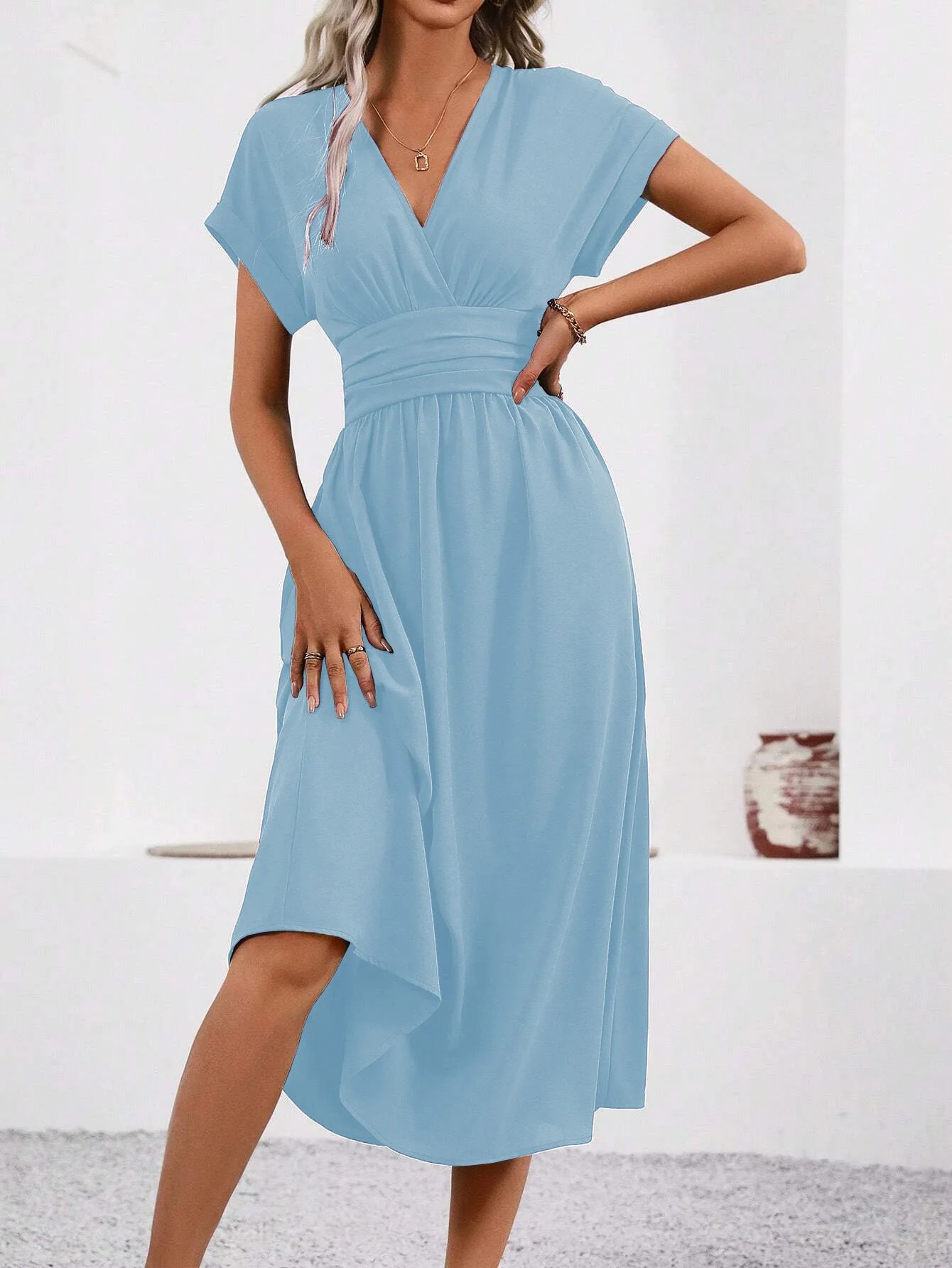 Dresses 2025 Woman Summer Solid-Color V-Neck Batwing-Sleeve Pleated Long Elegant Dress Woman Clothing Tops Skirts Y2k Clothes