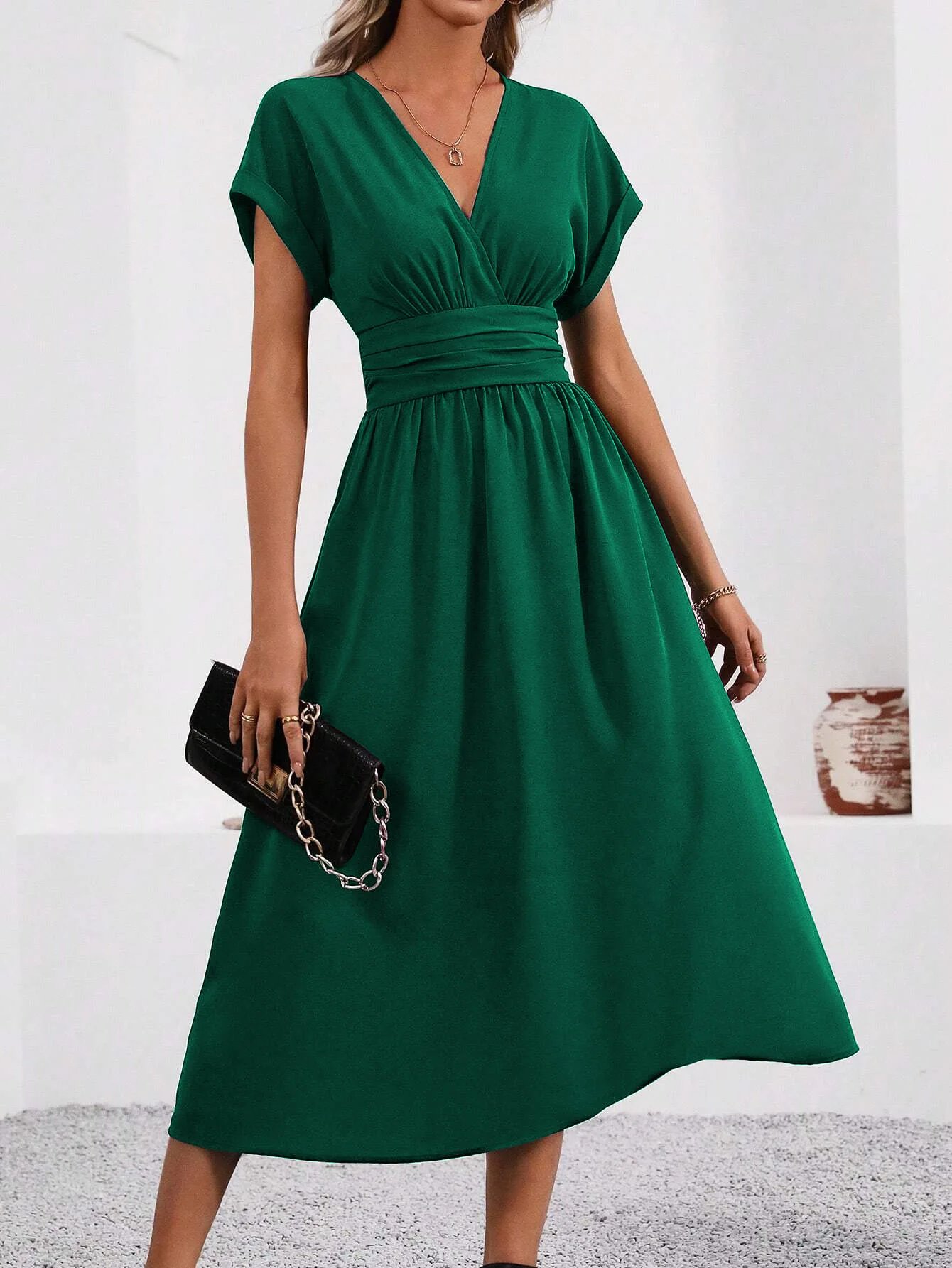 Dresses 2025 Woman Summer Solid-Color V-Neck Batwing-Sleeve Pleated Long Elegant Dress Woman Clothing Tops Skirts Y2k Clothes