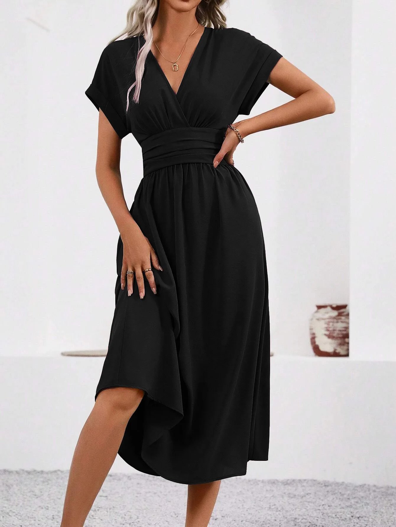 Dresses 2025 Woman Summer Solid-Color V-Neck Batwing-Sleeve Pleated Long Elegant Dress Woman Clothing Tops Skirts Y2k Clothes