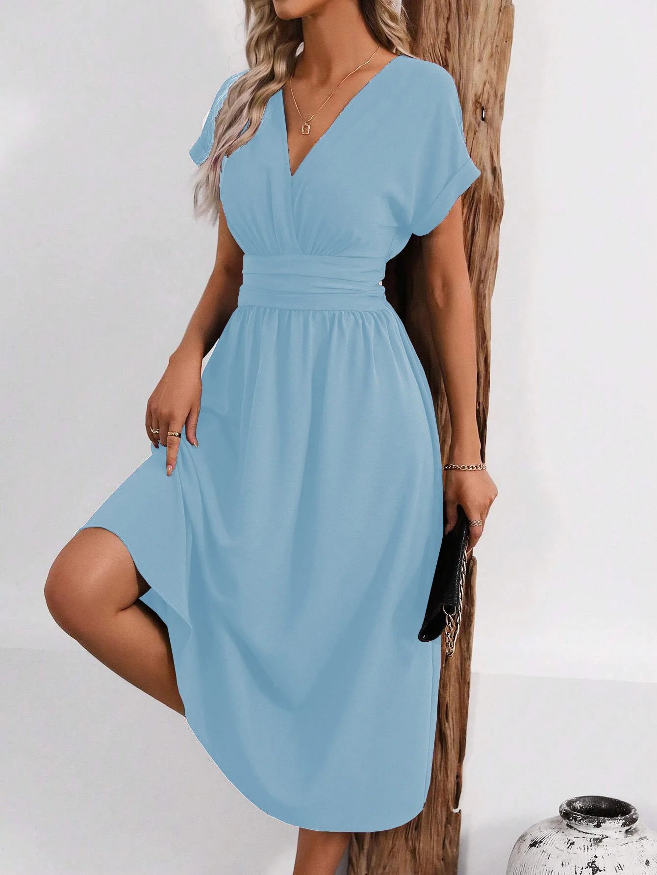 Dresses 2025 Woman Summer Solid-Color V-Neck Batwing-Sleeve Pleated Long Elegant Dress Woman Clothing Tops Skirts Y2k Clothes