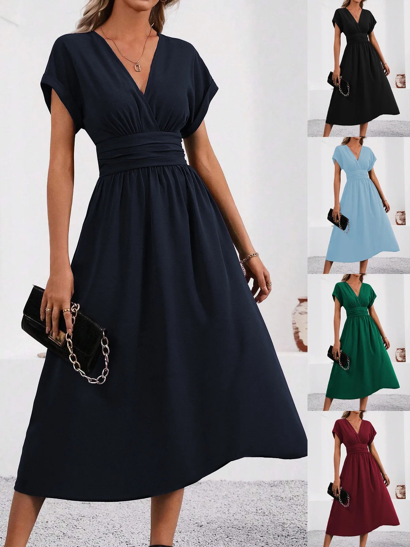 Dresses 2025 Woman Summer Solid-Color V-Neck Batwing-Sleeve Pleated Long Elegant Dress Woman Clothing Tops Skirts Y2k Clothes
