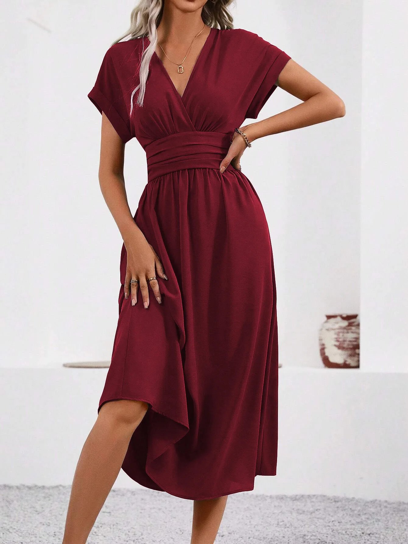 Dresses 2025 Woman Summer Solid-Color V-Neck Batwing-Sleeve Pleated Long Elegant Dress Woman Clothing Tops Skirts Y2k Clothes