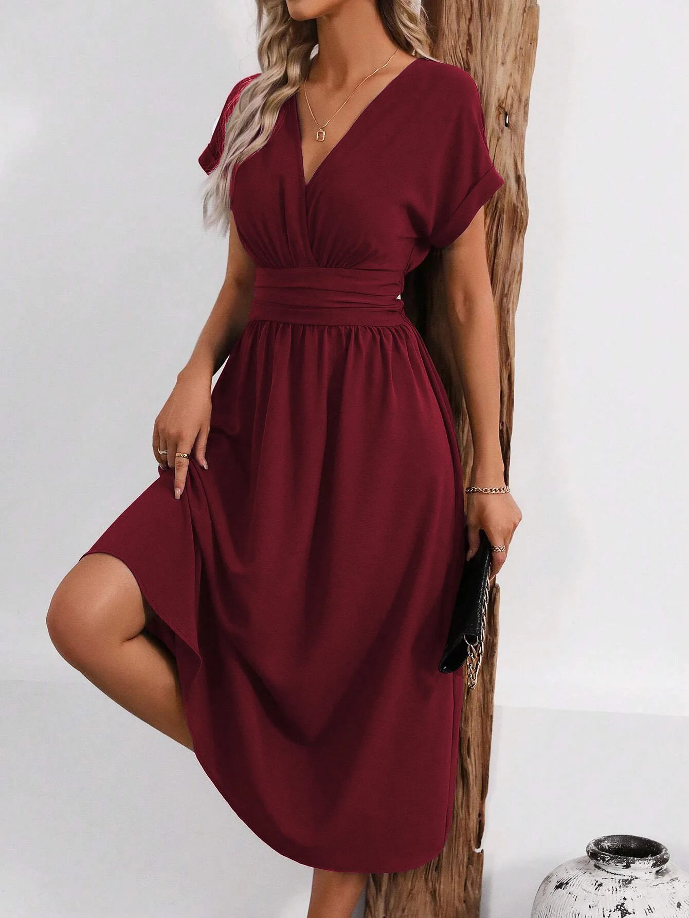 Dresses 2025 Woman Summer Solid-Color V-Neck Batwing-Sleeve Pleated Long Elegant Dress Woman Clothing Tops Skirts Y2k Clothes