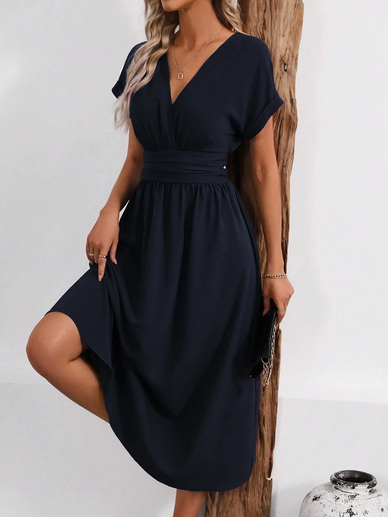 Dresses 2025 Woman Summer Solid-Color V-Neck Batwing-Sleeve Pleated Long Elegant Dress Woman Clothing Tops Skirts Y2k Clothes