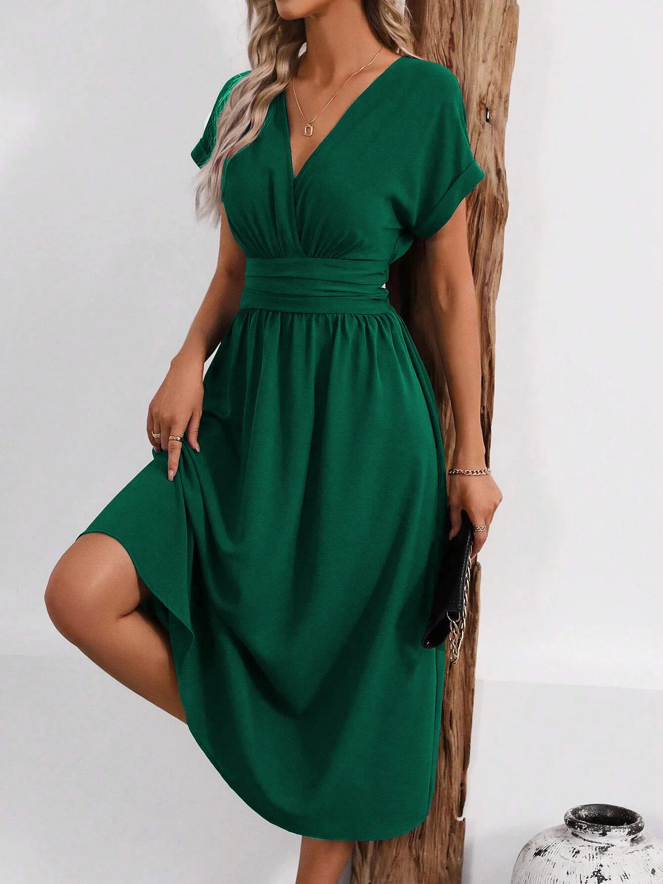 Dresses 2025 Woman Summer Solid-Color V-Neck Batwing-Sleeve Pleated Long Elegant Dress Woman Clothing Tops Skirts Y2k Clothes